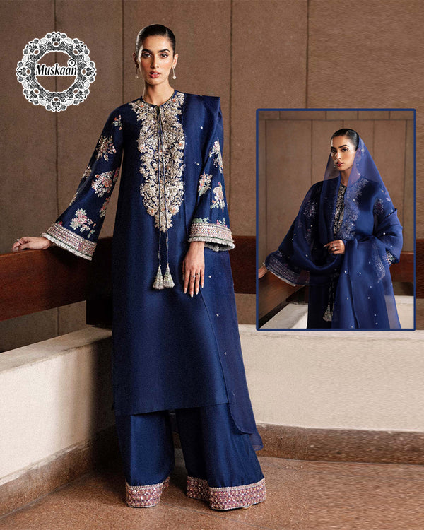 Hussain Rehar Luxury Wedding Rawsilk Collection- Midnight Blue