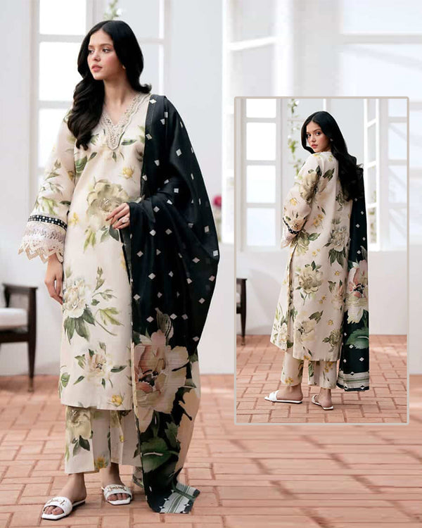 Baroque Digital Printed Swiss lawn Collection - Ivory & Black