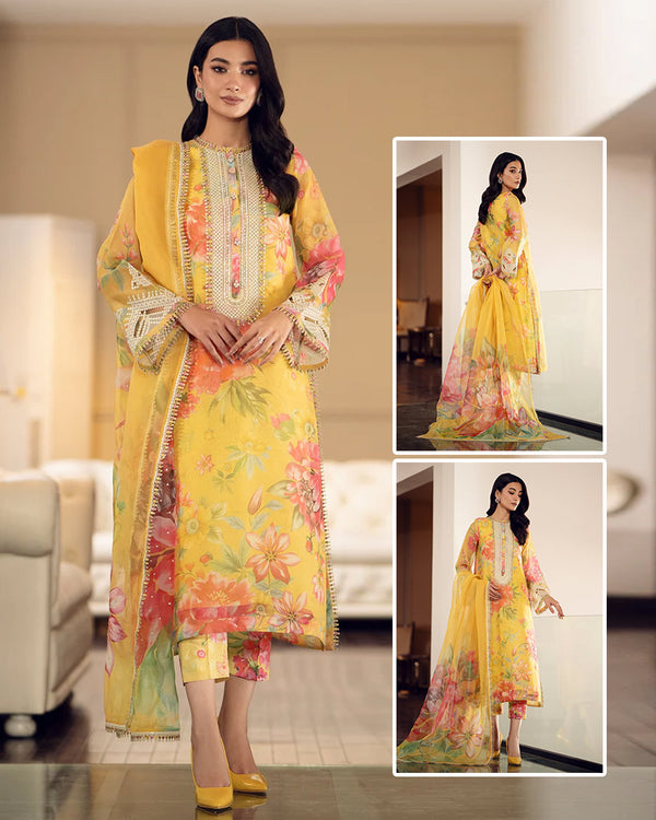 Baroque Digital Printed Swiss Lawn Collection With Jacquard Lawn-Yellow Floral