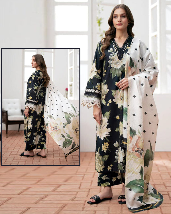 Baroque Digital Printed Swiss lawn Collection - Ivory & Black