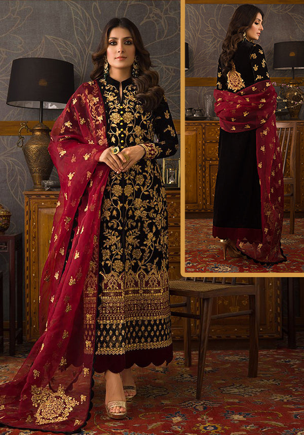 Zainab Chottani Embroidered Velvet Formal Collection-Black & Red