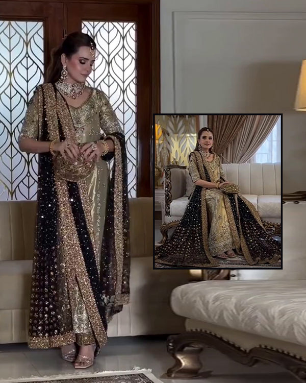 Haris Shakeel Luxury Addawork Formal Bridal Collection-Sumbul Chartreuse Gold &amp; Black