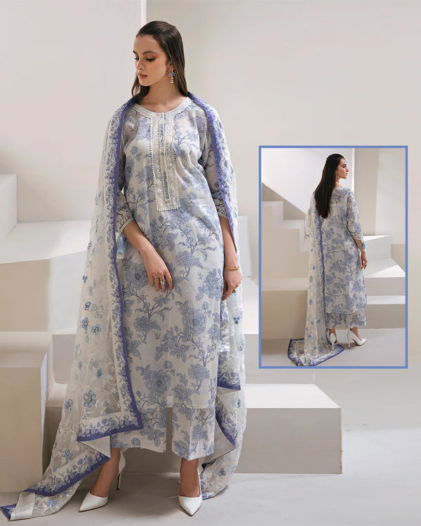 Baroque Digital Printed Swiss Lawn Collection With Lawn Duppata - Offwhite&Blue