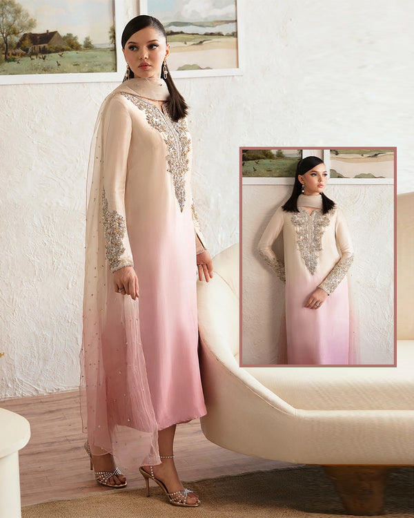 Kanwal Malik Rawsilk Luxury Formal Wedding Collection Hand Embellished- Pearl White &amp; Teapink