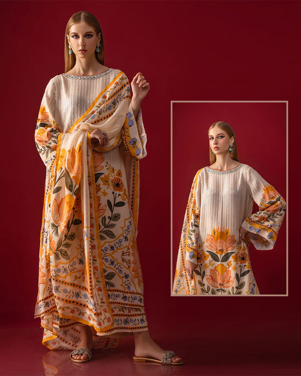 Nomi Ansari Luxury Swiss Lawn Collection -Beige &amp; Tangerine