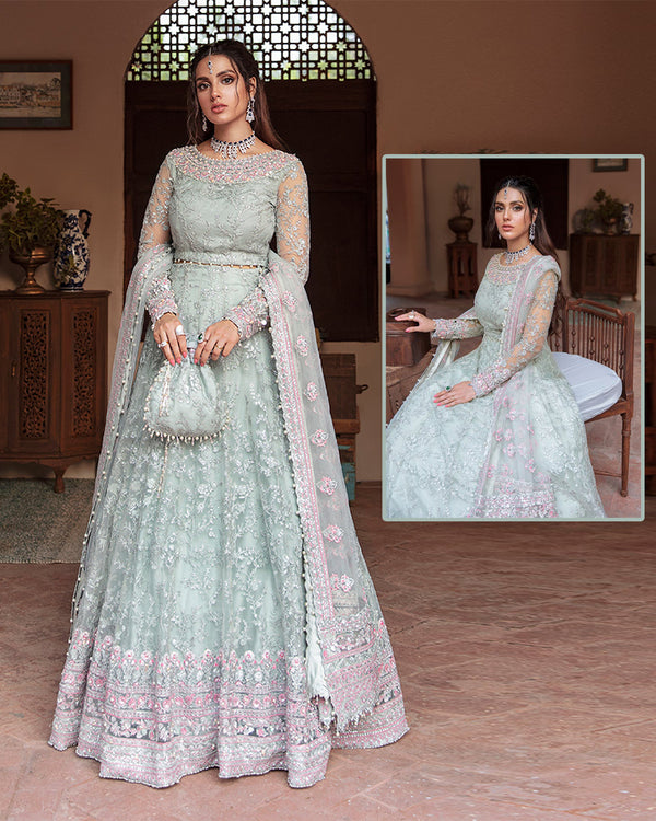 Kanwal Malik Wear By Iqra Aziz Heavy Embroidered Handwork Formal Bridal Maxxi Collection- Frosted Mint Green