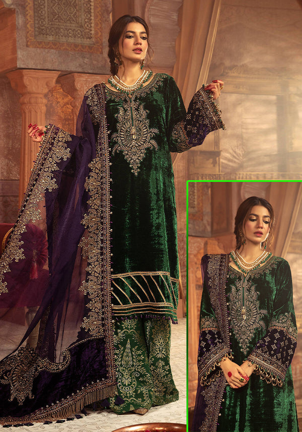 Maria.B Embroidered Velvet Wedding Collection-Bottle Green & Purple