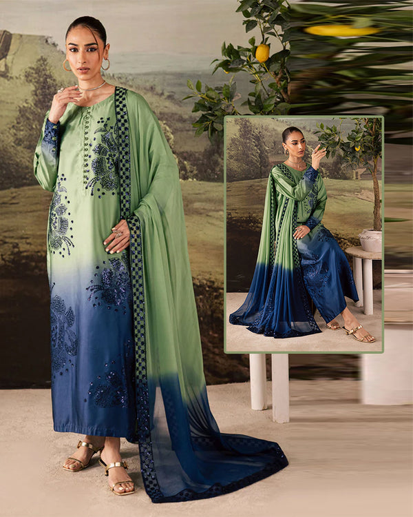 Nureh Tiny Twinkles Luxury Silk Collection -Double Shaded Pista &  Midnight Blue