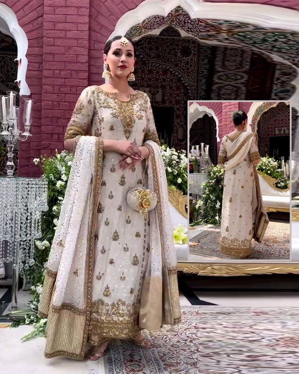 Haris Shakeel Luxury Hand Embellished Addawork Formal Wedding Collection-Off White &amp; Gold