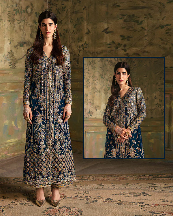 Faiza Saqlain Hand Embellished Velvet Wedding Collection- Teal