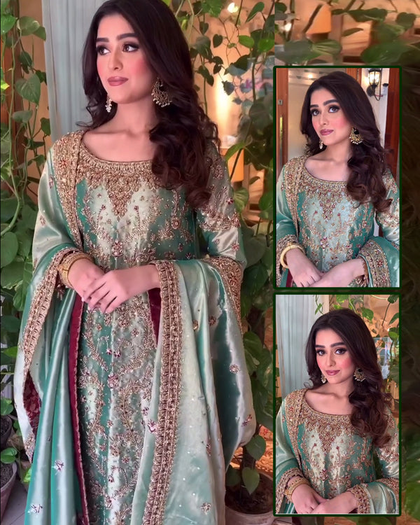 Harris Shakeel Embroidered Addawork Formal Wedding Wear Collection-Seagreen Gold