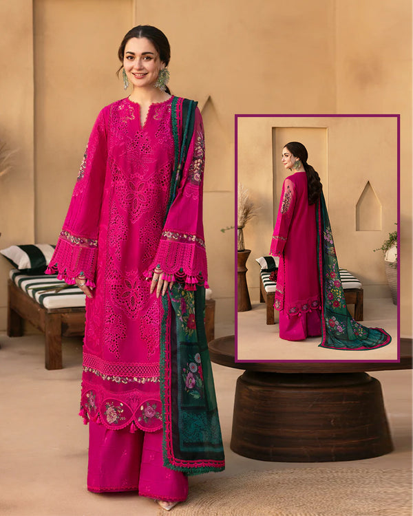 Saira Rizwan Luxury Lawn Embroidered Chikankari Collection- Hot Pink &amp; Bottle Green