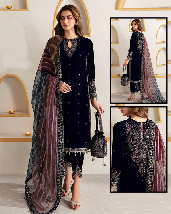 Jazmin Embroidered Velvet Formal Collection-Navy Blue