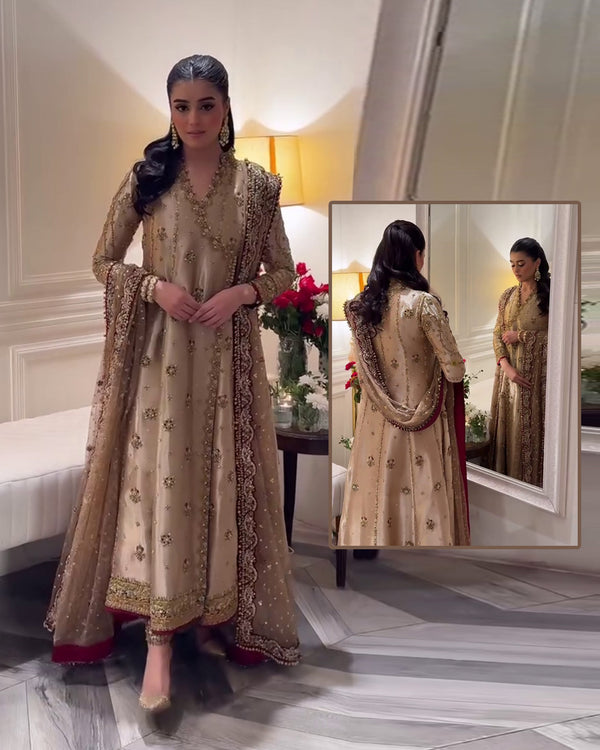 Haris Shakeel Luxury Angarkha Hand Embellished Addawork Formal Bridal Collection- Gold & Maroon