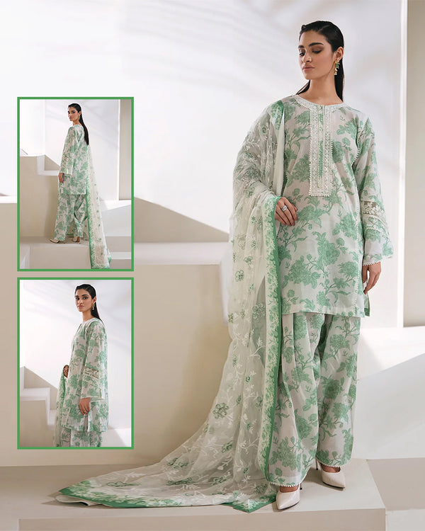 Baroque Digital Printed Swiss Lawn Collection With Lawn Duppata - Offwhite &amp; Green