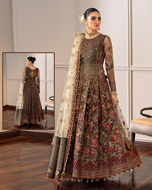 Baroque Heavy Embroidered Handwork Formal Bridal Collection Maaxi- Dark Brown