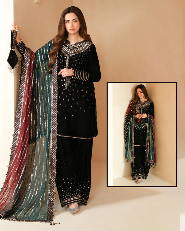 Jazmin Luxury Velvet Wedding Collection- Black With Triple Shaded Duppata