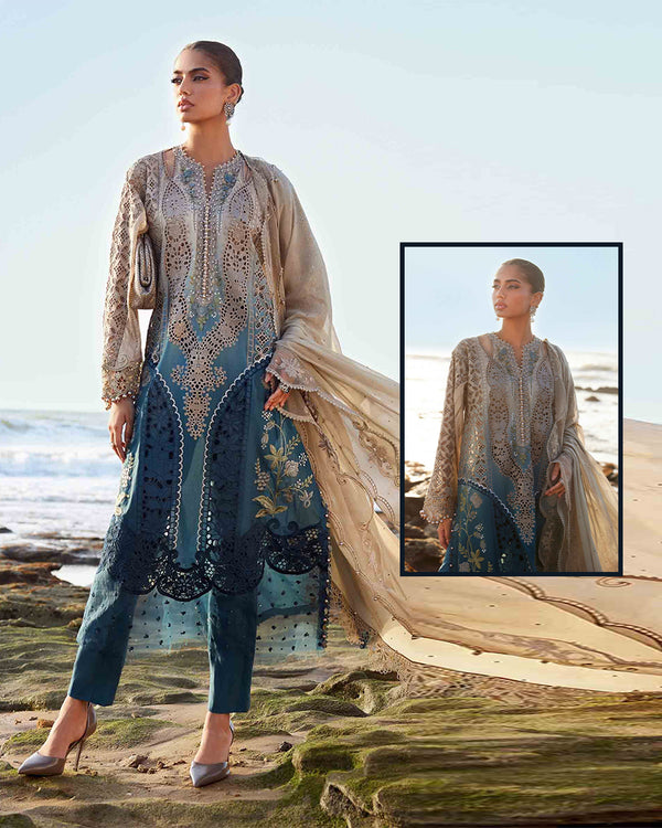 Maria.B Luxury Formals Hand Embellished Addawork Formal Collection- Beige &amp; Teal Blue