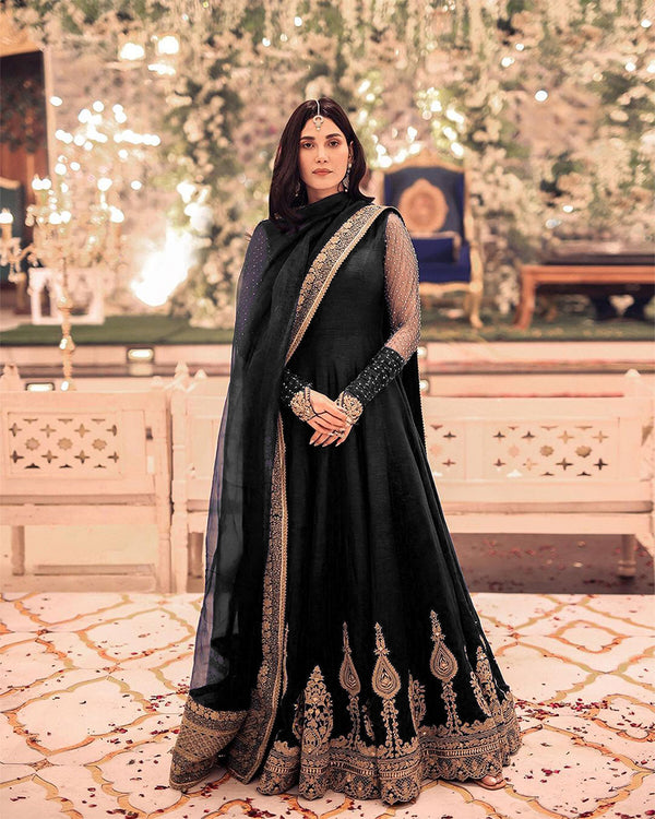 Faiza Saqlain Chiffon Formal Wedding Maaxi- Black