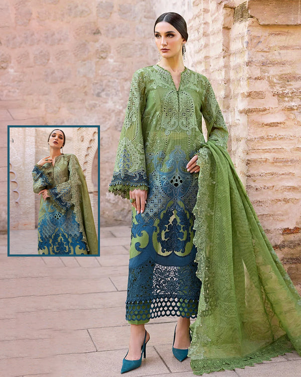 Maria.B Luxury Lawn Embroidered Chikankari Collection 1A- Pista &amp; Teal Blue