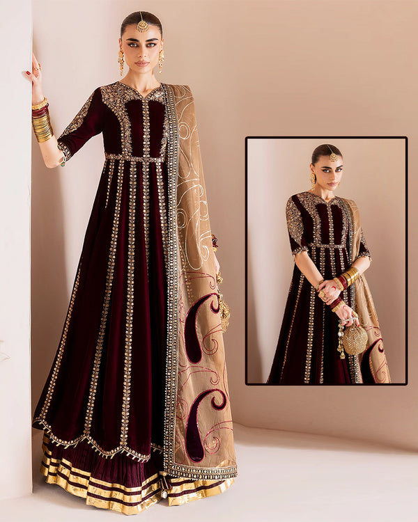 Jazmin Chandani Luxury Velvet Wedding Collection- Maroon Maaxi