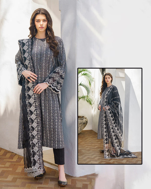 Baroque Digital Printed Swiss Lawn Collection With Embroidered Duppata-Black