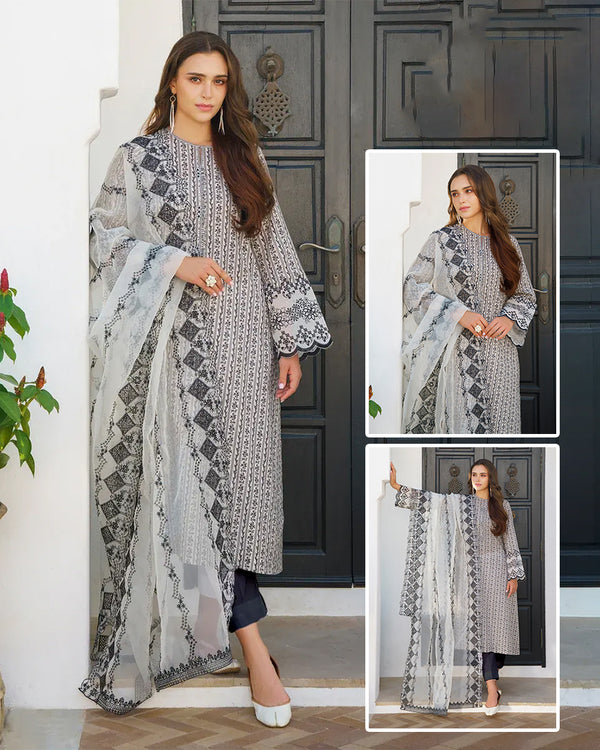 Baroque Digital Printed Swiss Lawn Collection With Embroidered Duppata-Beige And Black