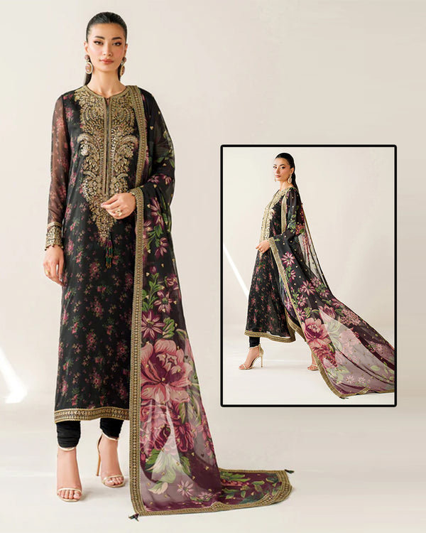 Jazmin Luxury Embroidered Chiffon Formal Wedding Collection-Black Floral