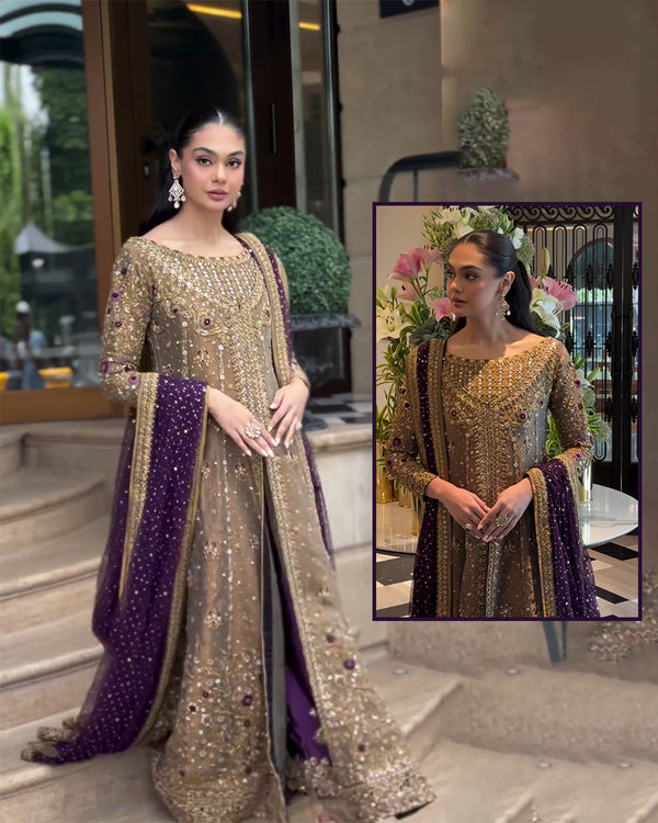 Haris Shakeel Luxury Formals Hand Embellished Addawork Wedding Collection-Tobbaco &amp; Purple