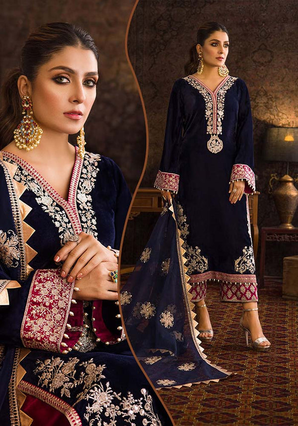 Zainab Chottani Embroidered Velvet Formal Collection-Navy Blue