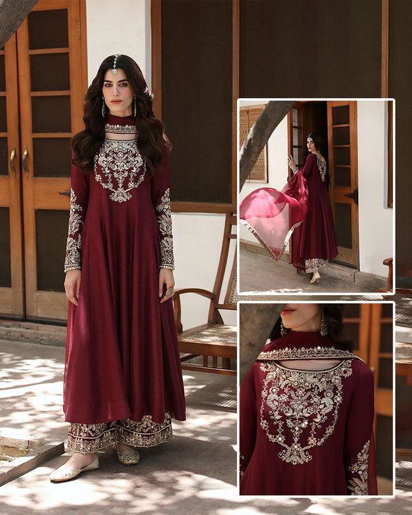 Faiza Saqlian Luxury Chiffon Formal Wedding Collection Maaxi- Maroon