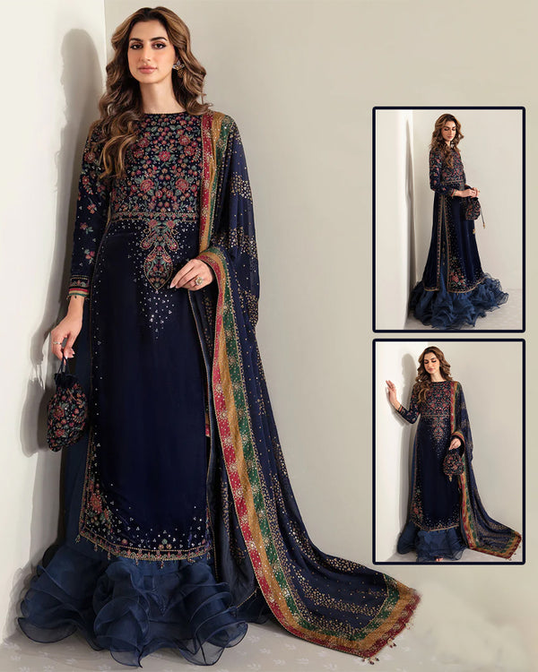 Jazmin Embroidered Velvet Formal Collection-Navy Blue