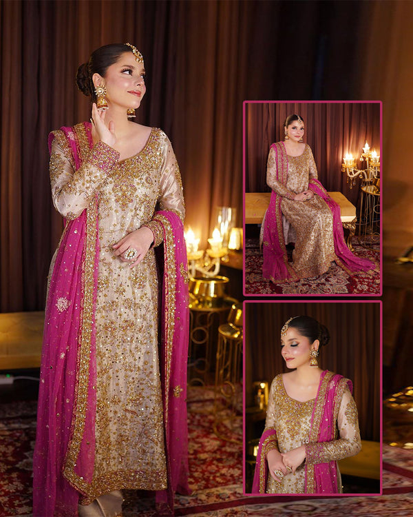 Harris Shakeel Embroidered Addawork Formal Wedding Wear Collection-Gold &amp; Pink