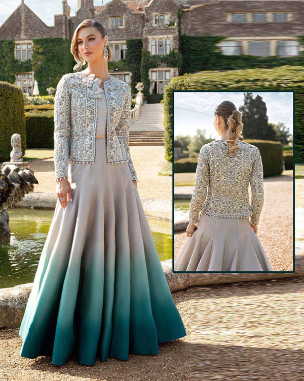 Maria.B Luxury Formal  Bridal Wedding Collection Lehenga - Silver Grey & Seagreen