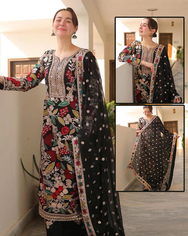 Haseen's Embroidered Luxury Wedding Chiffon Collection- Black Flora