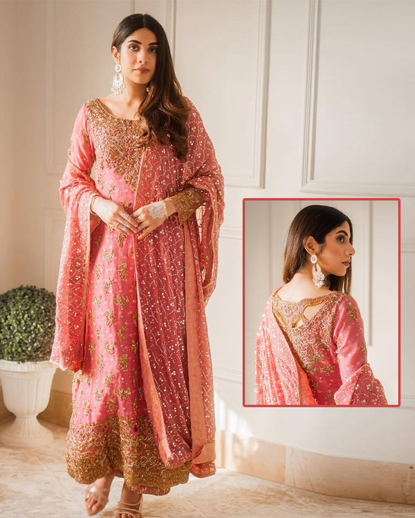Haris Shakeel Luxury Hand Embellished Addawork Formal Wedding Collection- Salmon Pink
