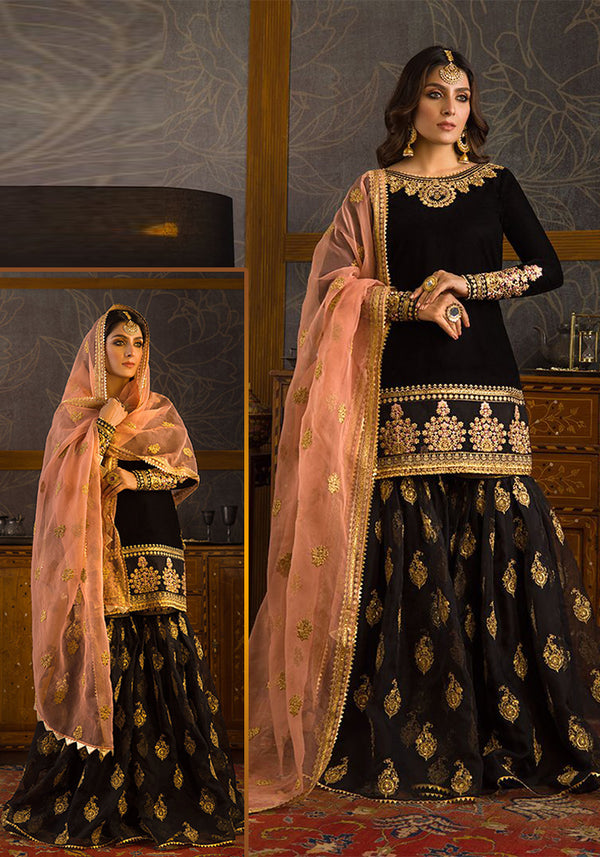 Zainab Chottani Embroidered Velvet Formal Collection Lhenga -Black &amp; Teapink
