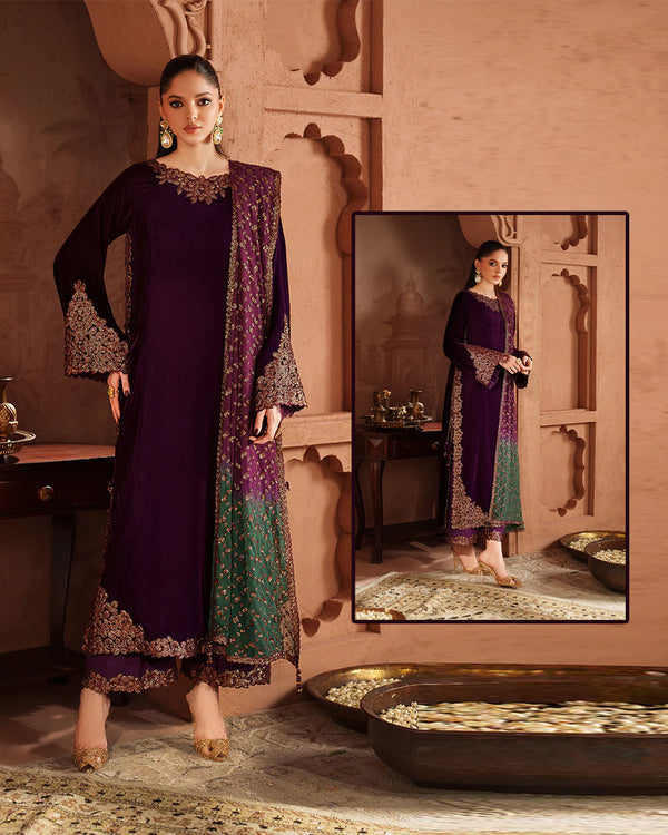Iznik Luxury Embroidered Velvet Wedding Collection- Plum
