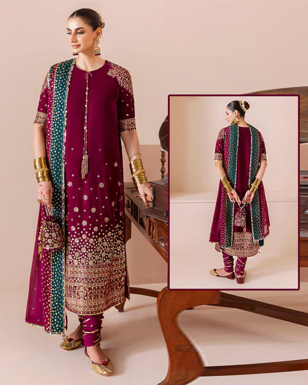 Jazmin Luxury Chandani Embroidered Velvet Wedding Collection- Berry Pink