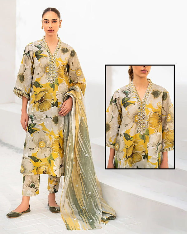 Baroque Summer Collection Digital Printed &amp; Embroidered Swiss Lawn -Yellow Flora