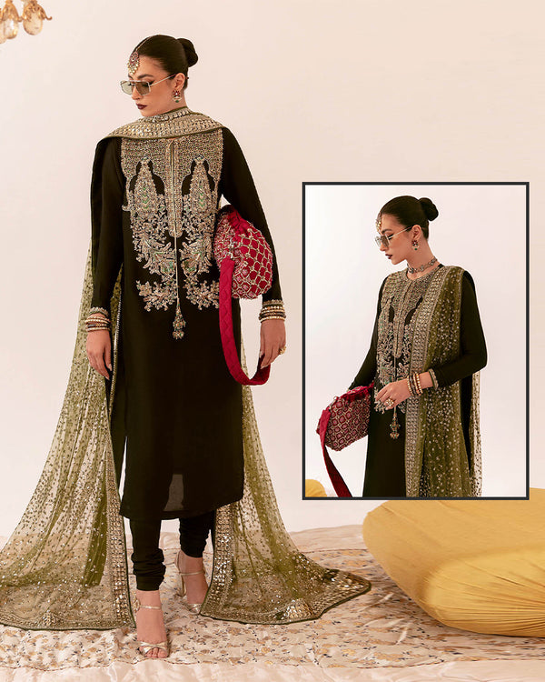 Hussain Rehaar Luxury Formals Wedding Raw Silk Collection- Black