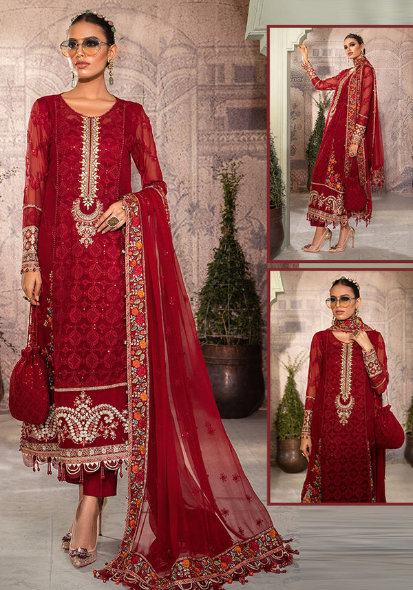Mbroidered Chiffon Addawork Formal Wedding Collection- Red Rose